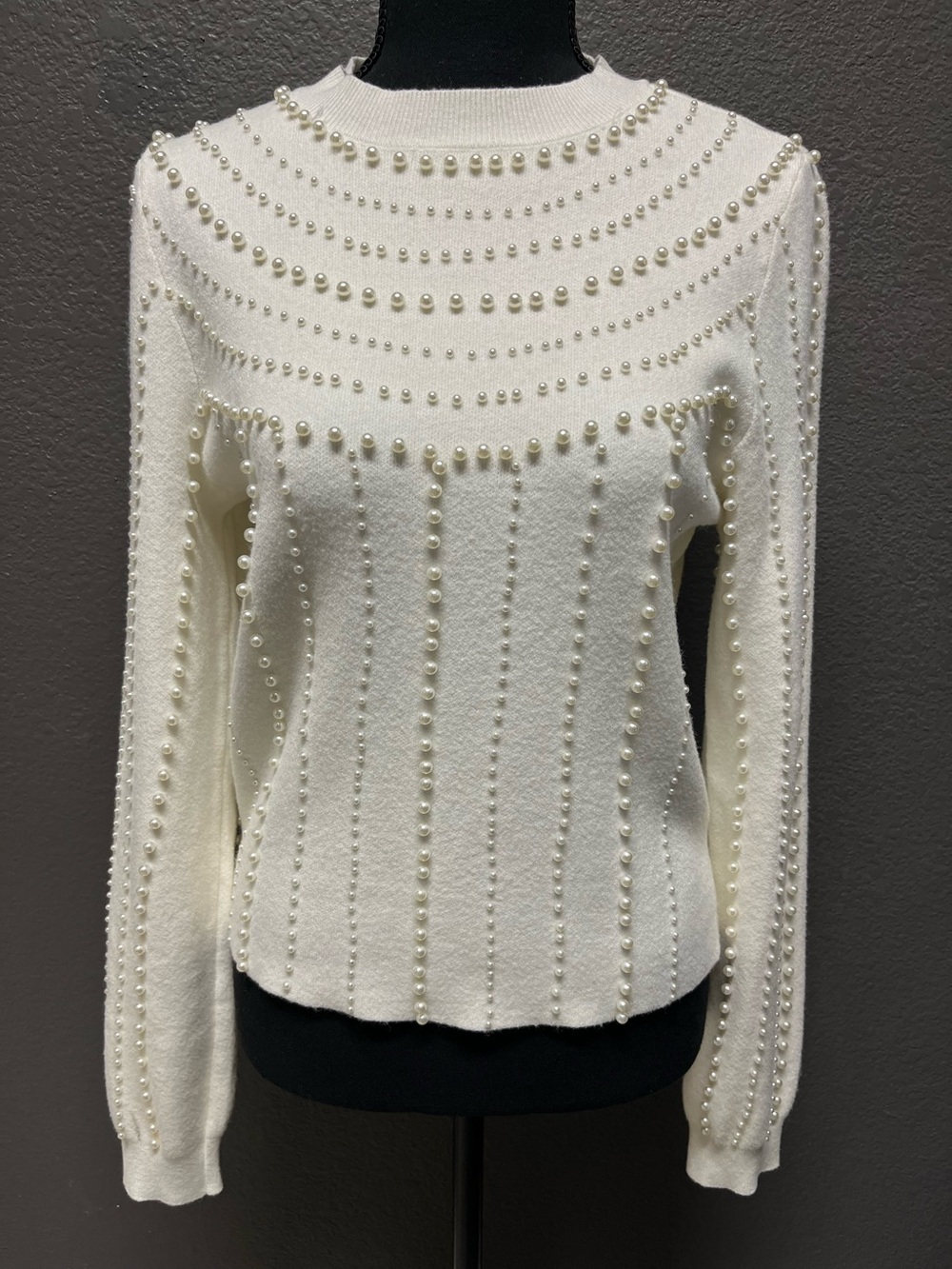 Ontwelfth Pearl Embellished Ivory Off White Pullover High Neck Sweater Sm/Med